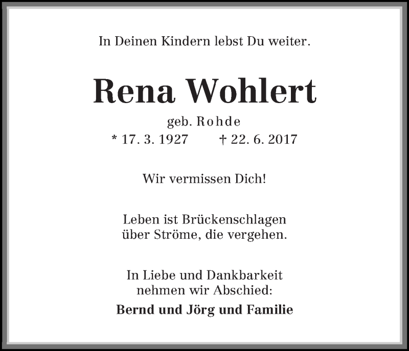 Traueranzeige von Rena Wohlert von Die Norddeutsche
