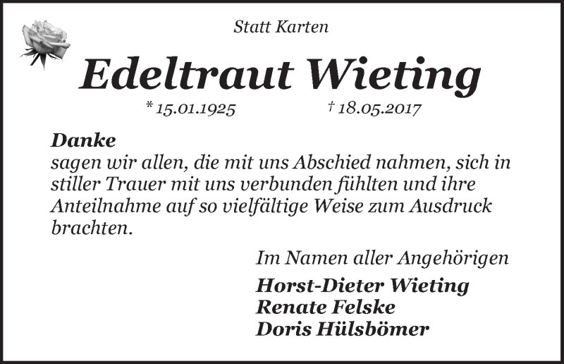 Traueranzeige von Edeltraut Wieting von WESER-KURIER