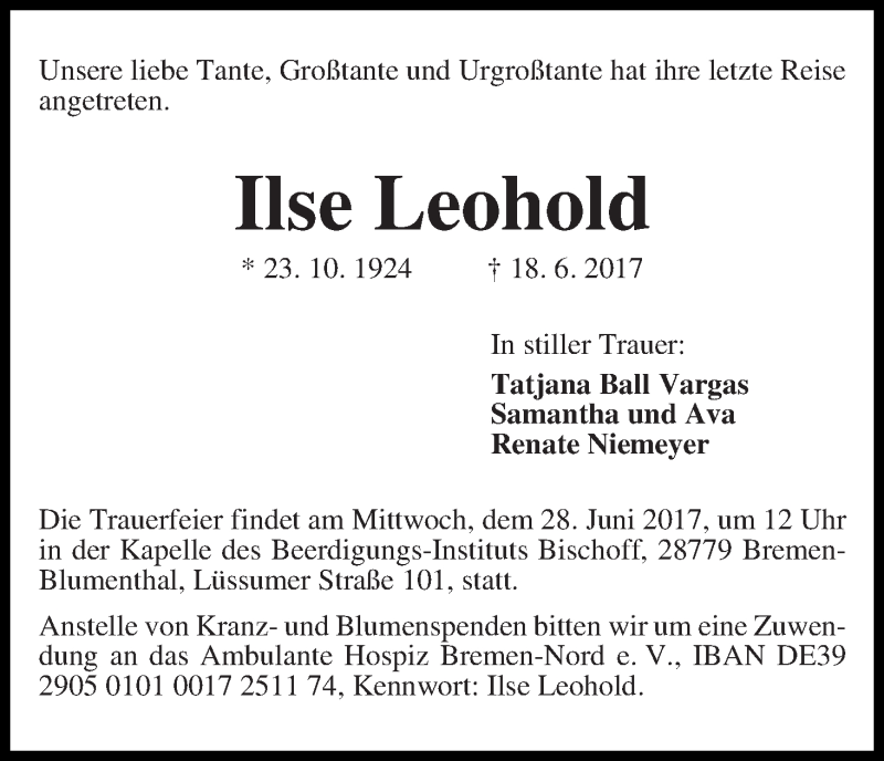 Traueranzeige von Ilse Leohold von Die Norddeutsche