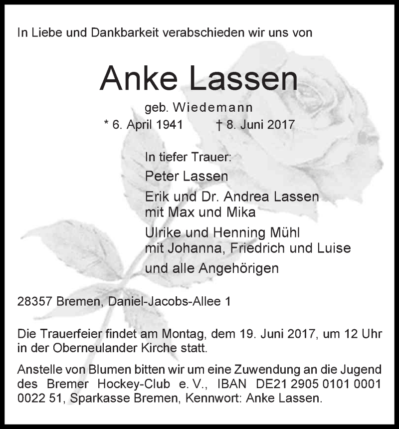 Traueranzeige von Anke Lassen von WESER-KURIER