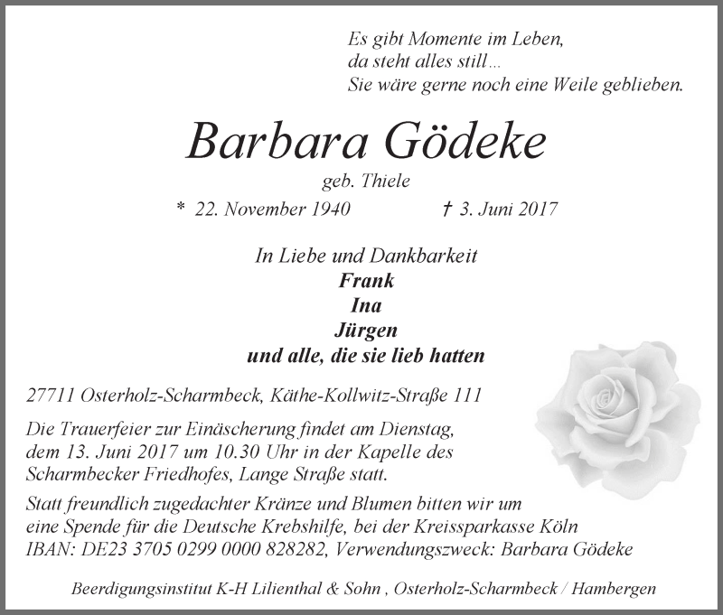Traueranzeige von Barbara Gödeke von Osterholzer Kreisblatt