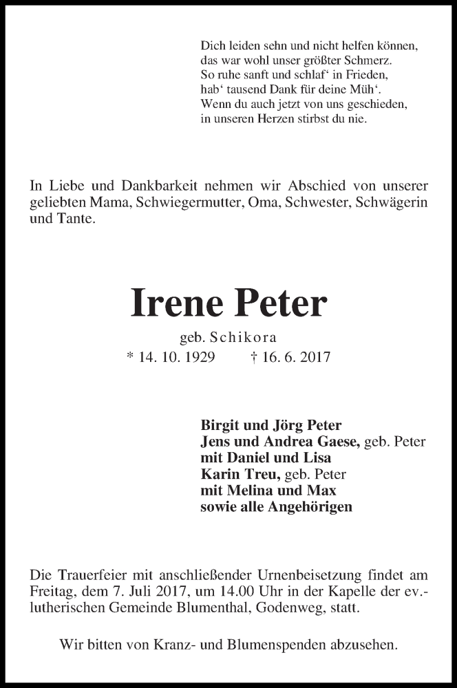 Traueranzeige von Irene Peter von Die Norddeutsche