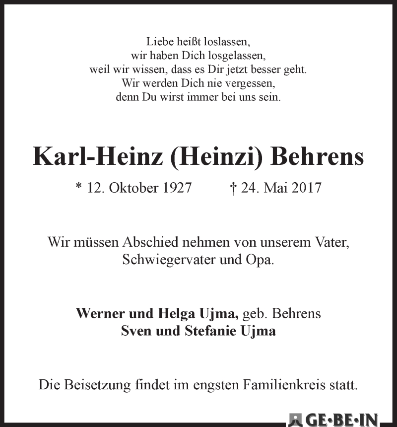 Traueranzeige von Karl-Heinz (Heinzi) Behrens von WESER-KURIER