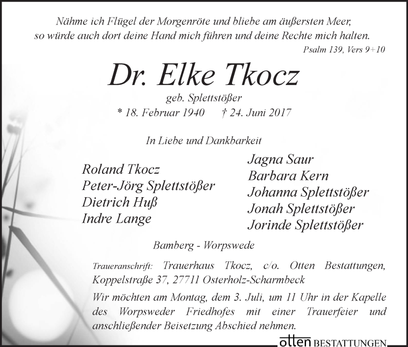 Traueranzeige von Elke Tkocz von Osterholzer Kreisblatt