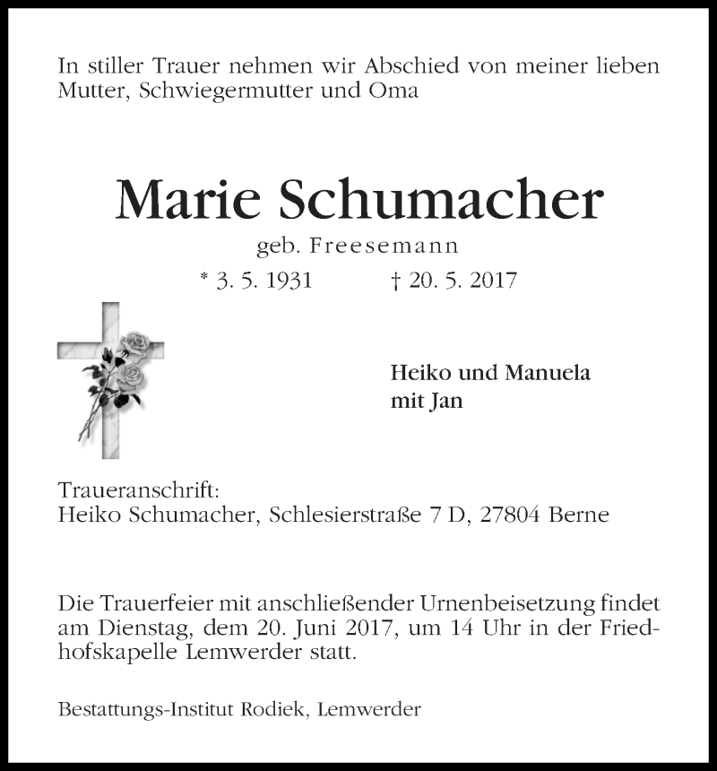 Traueranzeige von Marie Schumacher von Die Norddeutsche