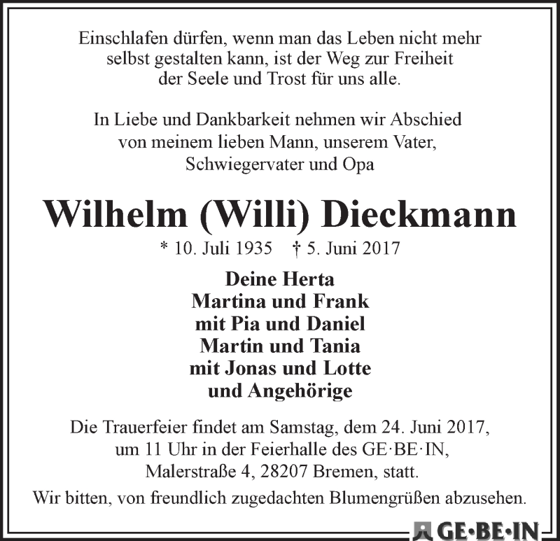 Traueranzeige von Wilhelm (Willi) Dieckmann von WESER-KURIER