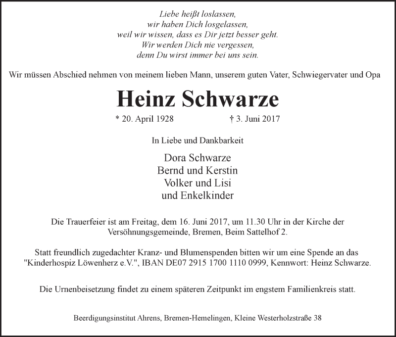 Traueranzeige von Heinz Schwarze von WESER-KURIER