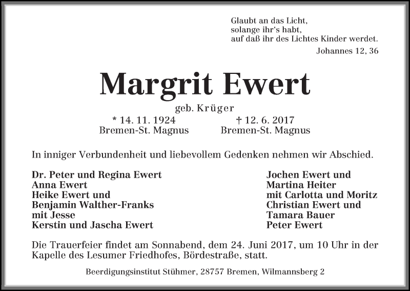 Traueranzeige von Margit Ewert von Die Norddeutsche