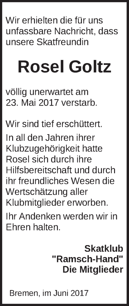 Traueranzeige von Rosel Goltz von Die Norddeutsche