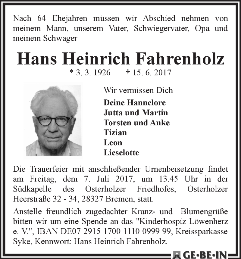 Traueranzeige von Hans Heinrich Fahrenholz von WESER-KURIER