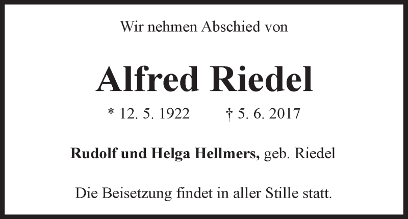 Traueranzeige von Alfred Riedel von WESER-KURIER