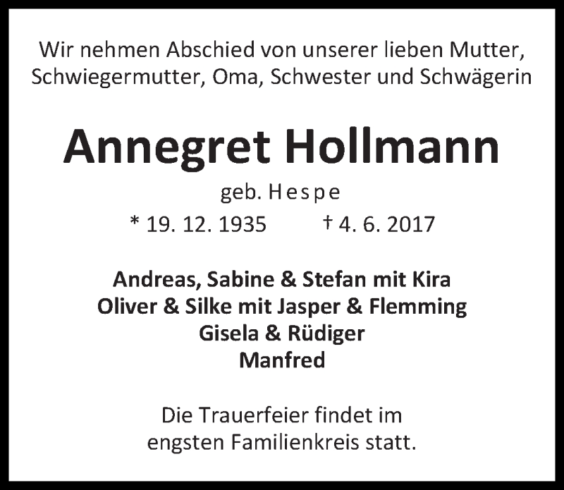 Traueranzeige von Annegret Hollmann von WESER-KURIER