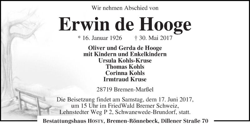 Traueranzeige von Erwin de Hooge von Die Norddeutsche