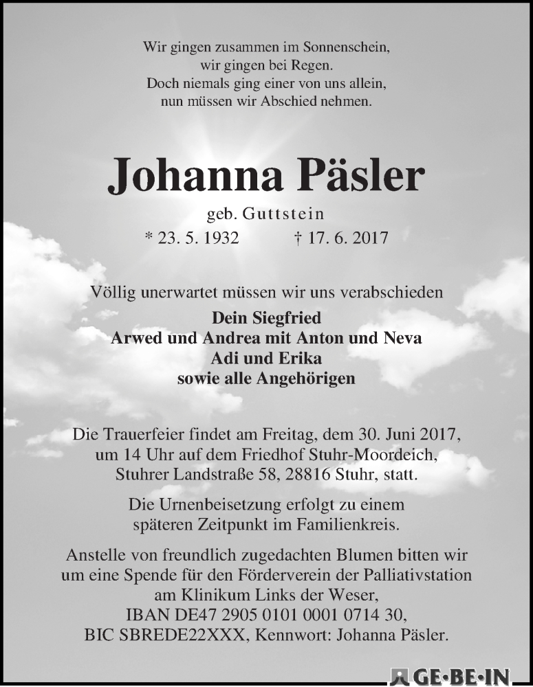 Traueranzeige von Johanna Päsler von WESER-KURIER