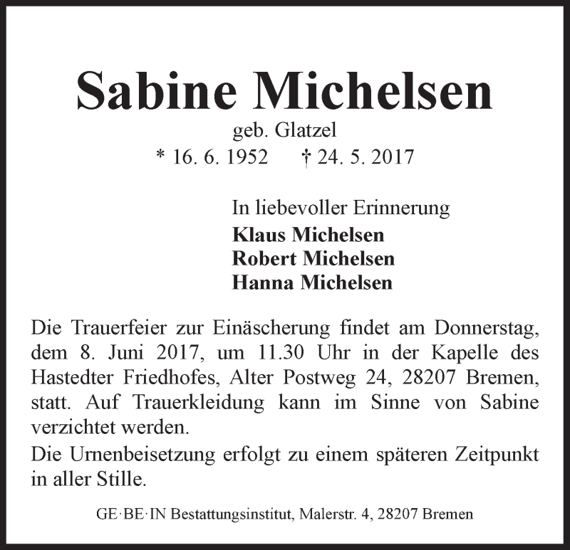 Traueranzeige von Sabine Michelsen von WESER-KURIER
