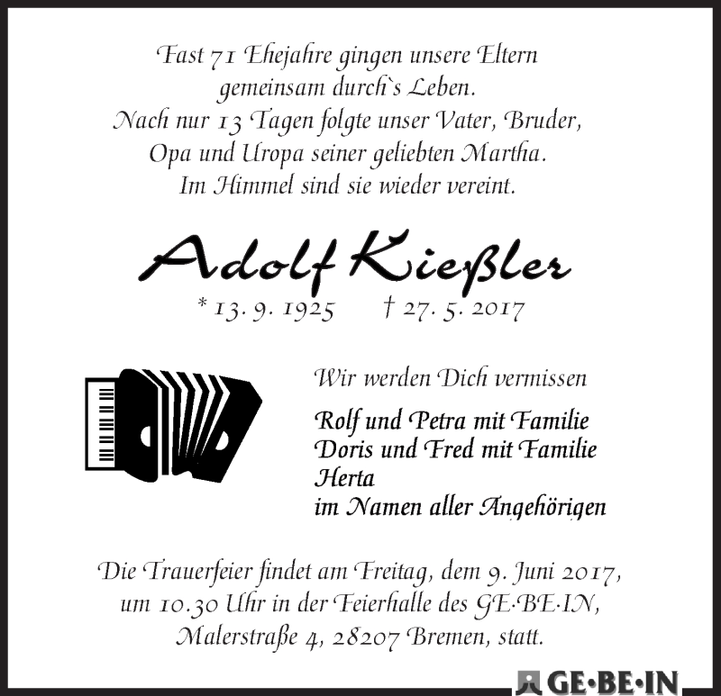 Traueranzeige von Adolf Kießler von WESER-KURIER