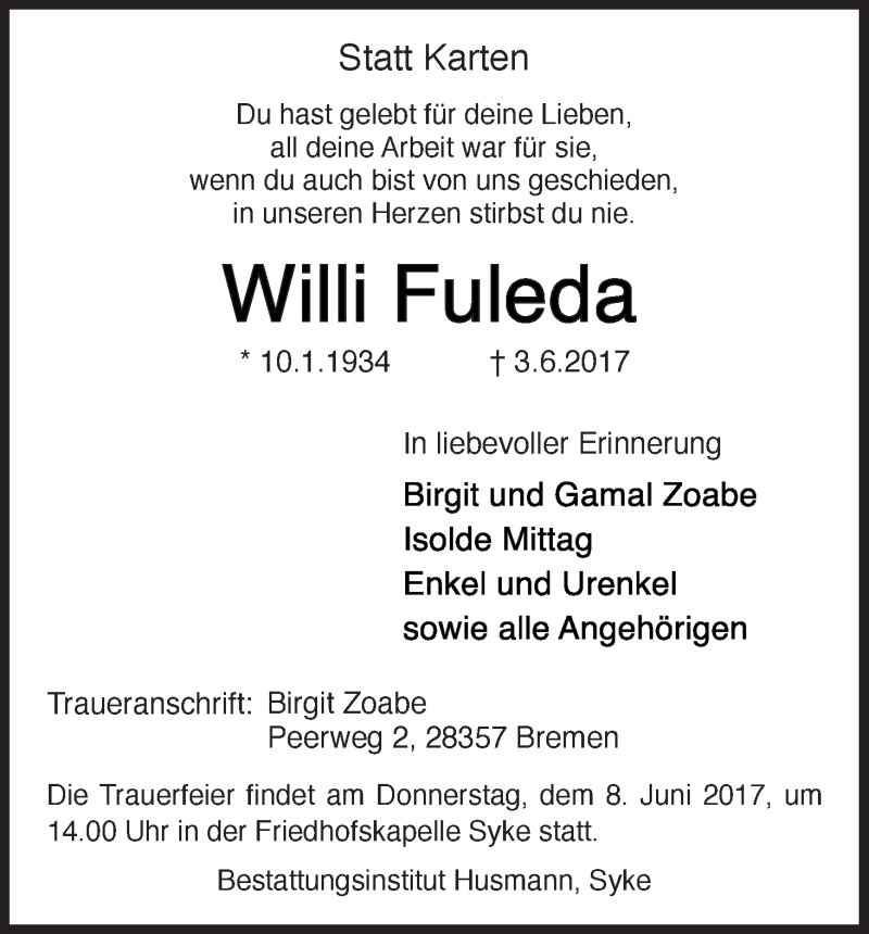 Traueranzeige von Willi Fuleda von Regionale Rundschau/Syker Kurier