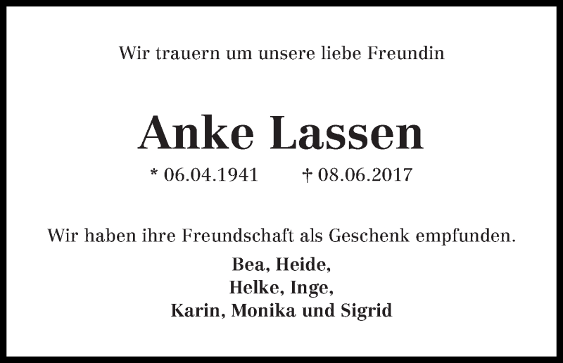 Traueranzeige von Anke Lassen von WESER-KURIER