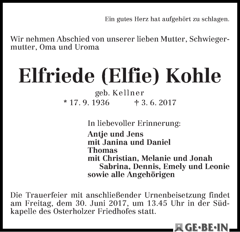 Traueranzeige von Elfriede (Elfi) Kohle von WESER-KURIER