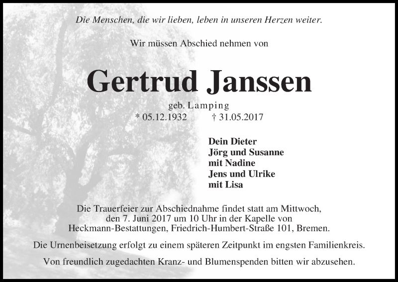Traueranzeige von Gertrud Janssen von Die Norddeutsche