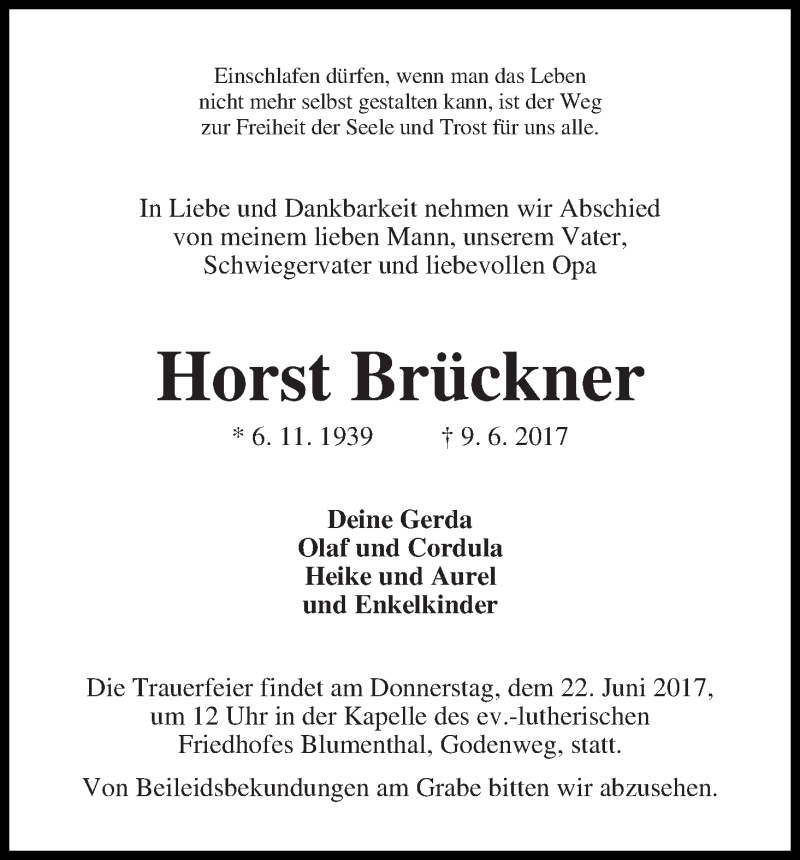 Traueranzeige von Horst Brückner von Die Norddeutsche
