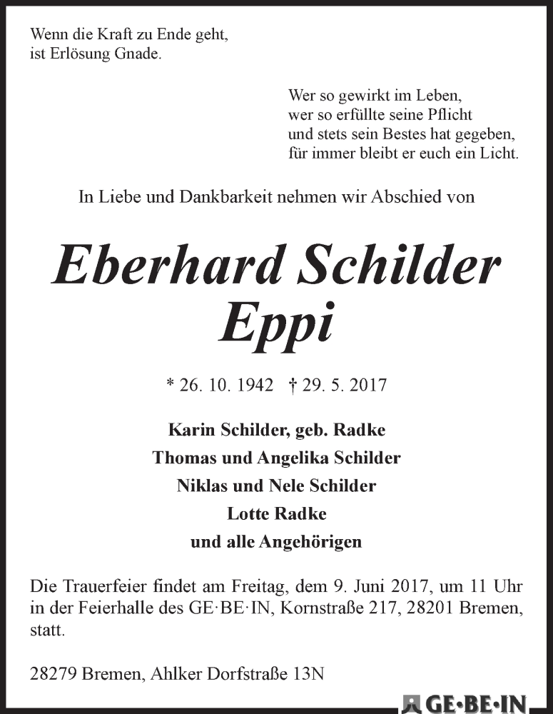 Traueranzeige von Eberhard (Eppi) Schilder von WESER-KURIER