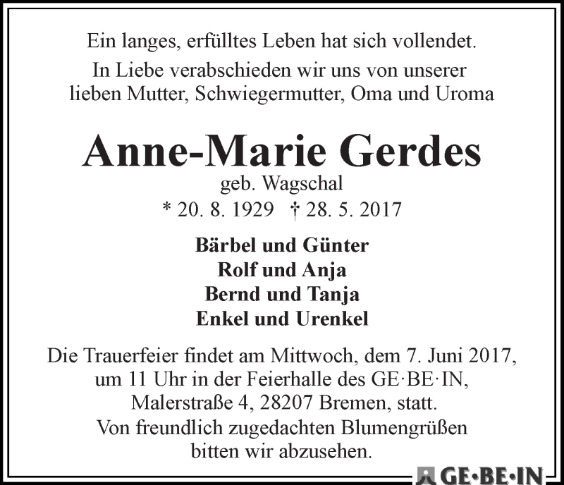 Traueranzeige von Anne-Marie Gerdes von WESER-KURIER
