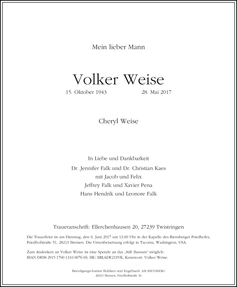 Traueranzeige von Volker Weise von WESER-KURIER
