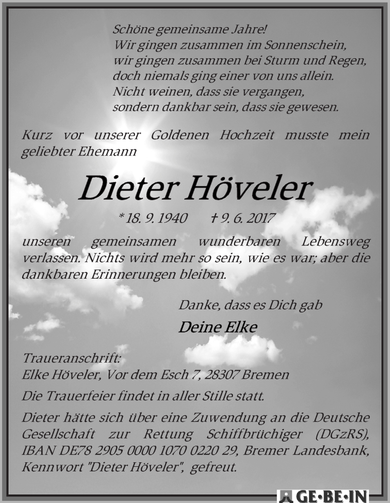 Traueranzeige von Dieter Höveler von WESER-KURIER