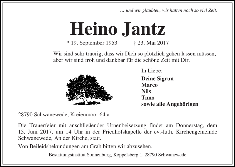 Traueranzeige von Heino Jantz von Die Norddeutsche