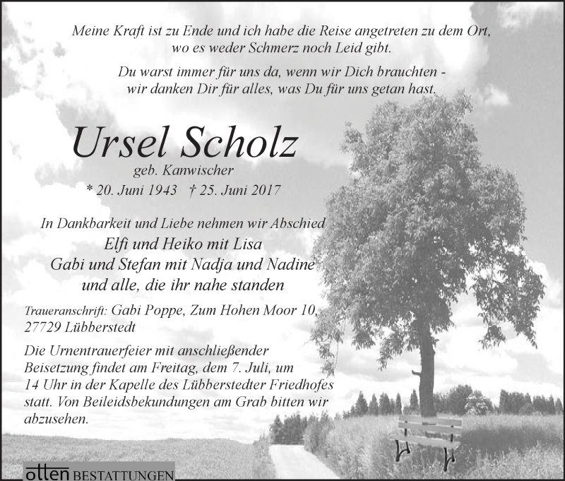 Traueranzeige von Ursel Scholz von Osterholzer Kreisblatt