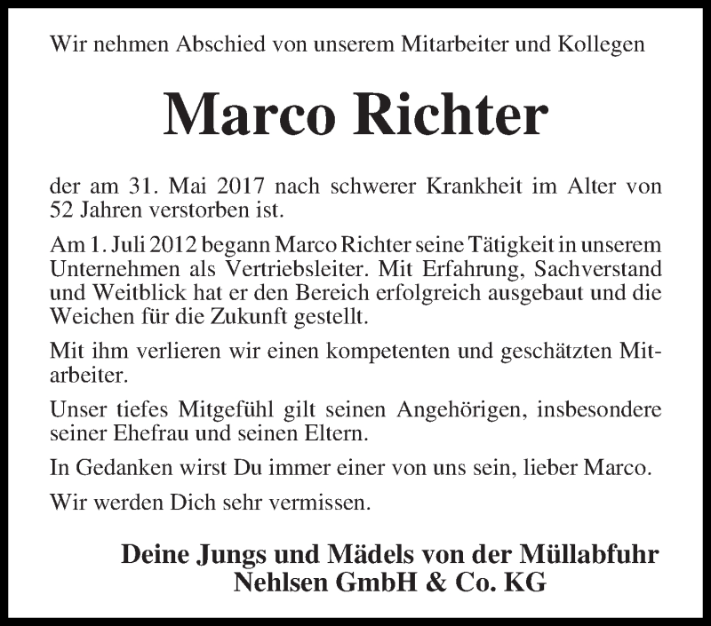 Traueranzeige von Marco Richter von WESER-KURIER