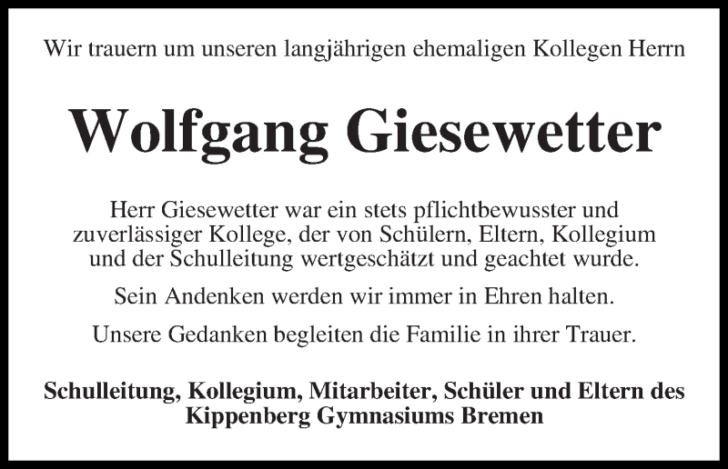 Traueranzeige von Wolfgang Giesewetter von WESER-KURIER