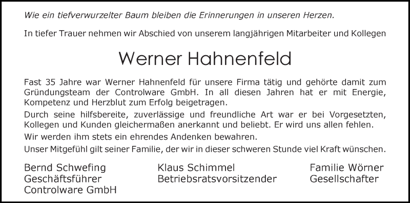 Traueranzeige von Werner Hahnenfeld von Wuemme Zeitung