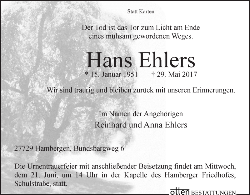 Traueranzeige von Hans Ehlers von Osterholzer Kreisblatt