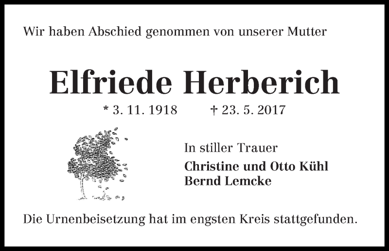 Traueranzeige von Elfriede Herberich von Die Norddeutsche