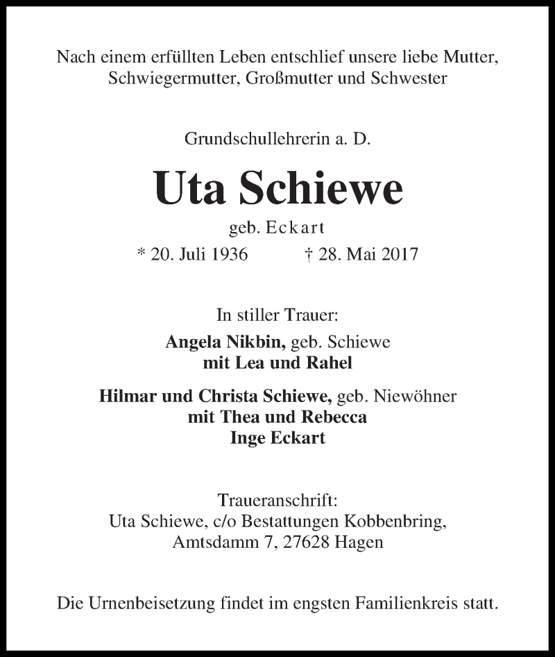 Traueranzeige von Uta Schiewe von WESER-KURIER
