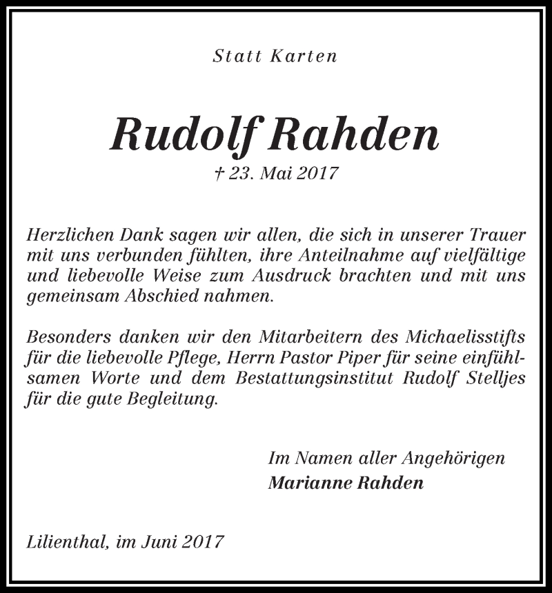 Traueranzeige von Rudolf Rahden von Wuemme Zeitung