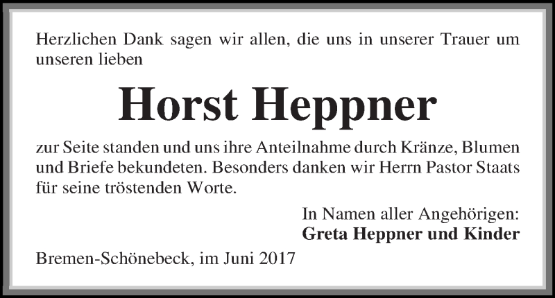 Traueranzeige von Horst Heppner von Die Norddeutsche