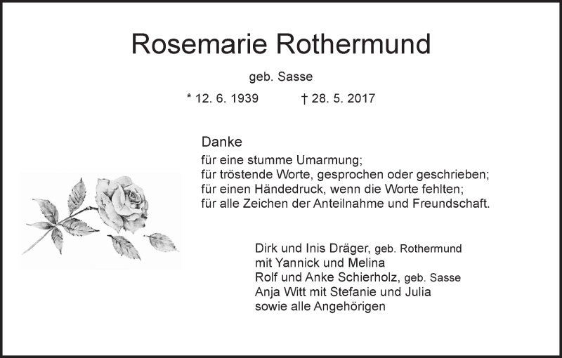 Traueranzeige von Rosemarie Rothermund von WESER-KURIER