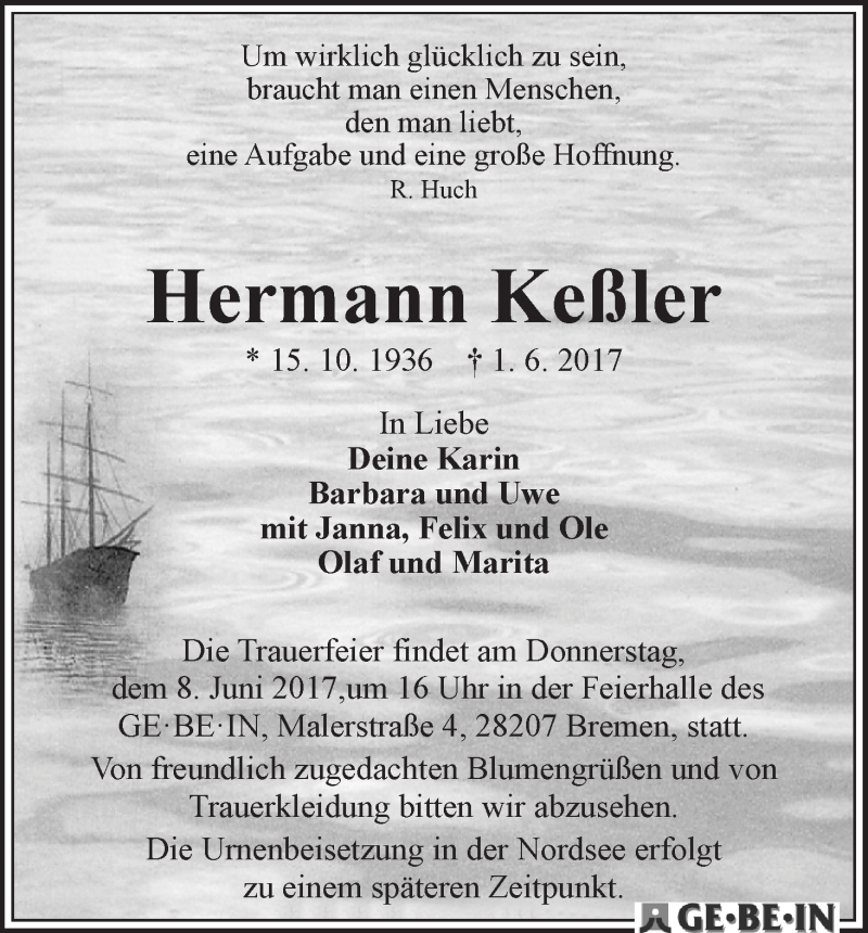 Traueranzeige von Hermann Keßler von WESER-KURIER