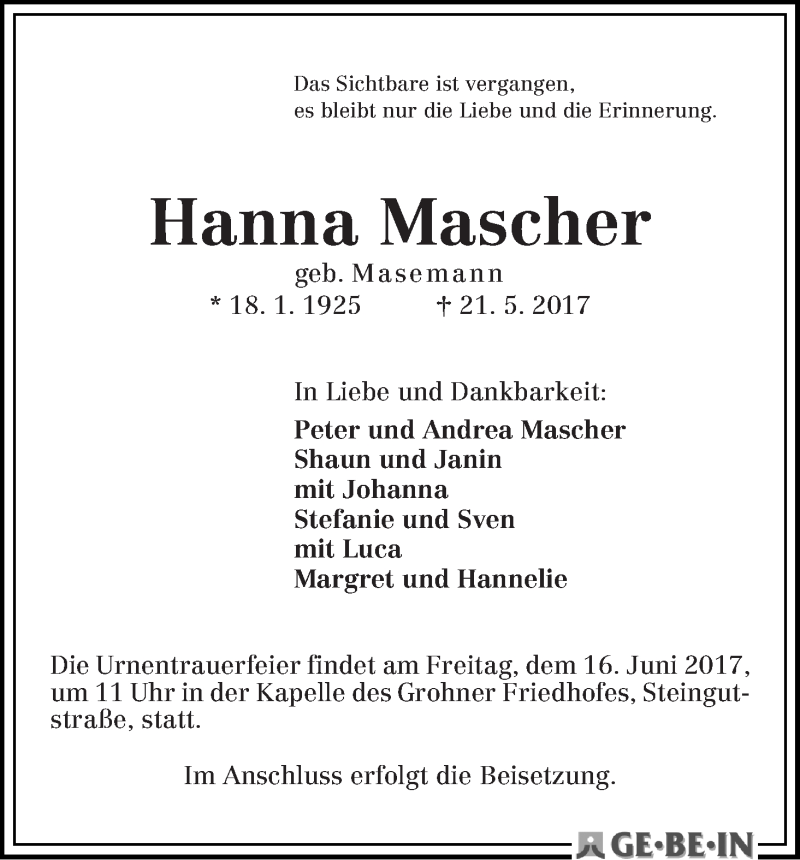 Traueranzeige von Hanna Mascher von Die Norddeutsche