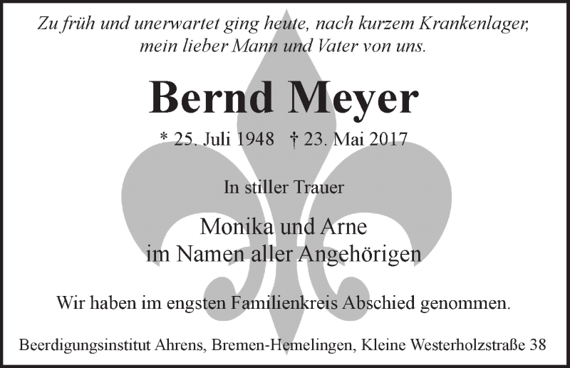 Traueranzeige von Bernd Meyer von WESER-KURIER