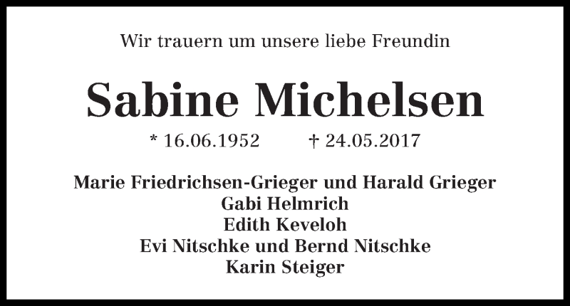 Traueranzeige von Sabine Michelsen von WESER-KURIER