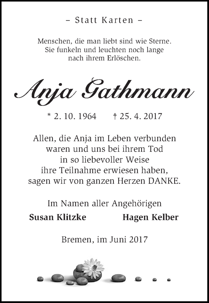 Traueranzeige von Anja Gathmann von WESER-KURIER