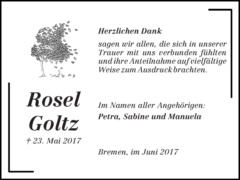 Traueranzeige von Rosel Goltz von Die Norddeutsche