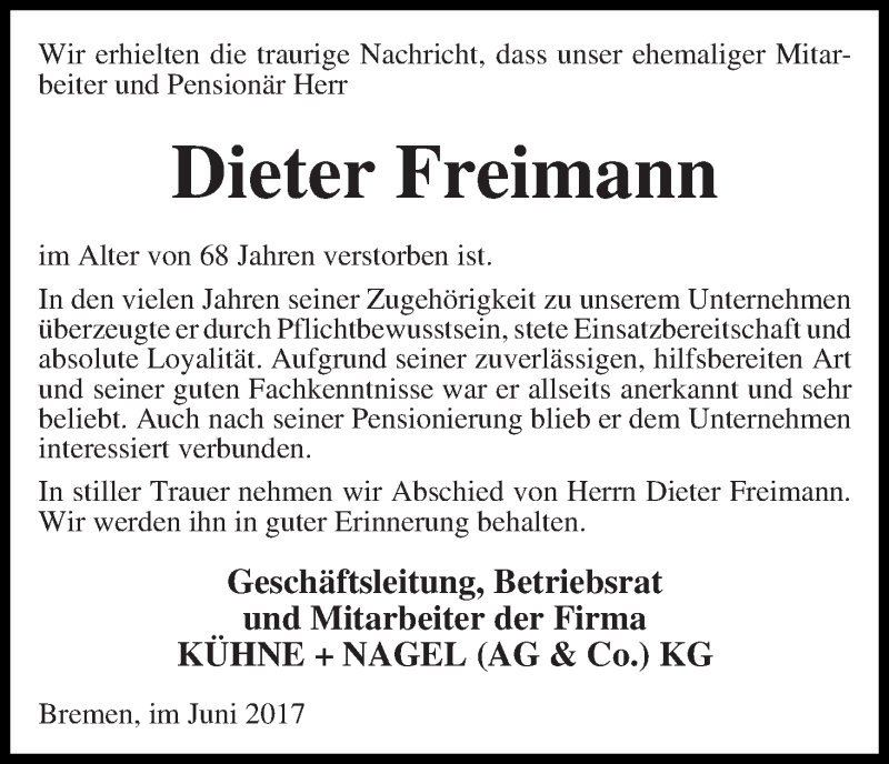 Traueranzeige von Dieter Freimann von WESER-KURIER