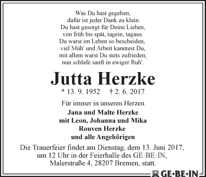 Traueranzeige von Jutta Herzke von WESER-KURIER