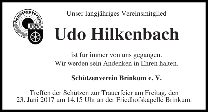 Traueranzeige von Udo Hilkenbach von Regionale Rundschau/Syker Kurier