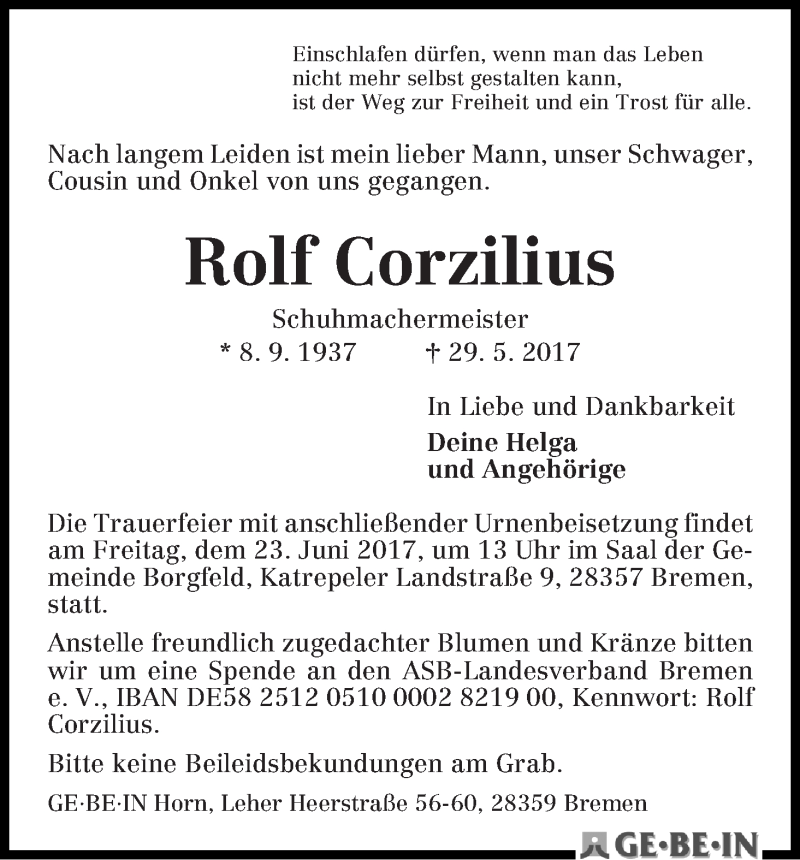 Traueranzeige von Rolf Corzilius von WESER-KURIER